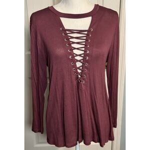 Active USA Plum Colored Long Sleeve Tee, Cross Front, Rayon/Spandex, L